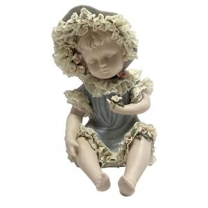 Piano Baby Porcelain Figurine Lace Embellishments Hat Clothes Flowers Blue 7"